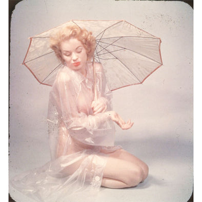4 ANDREW - Pin-Up Stereo Slide - Young Lady in Rain Coat and umbrella - 5Perf Realist 3dstereo 