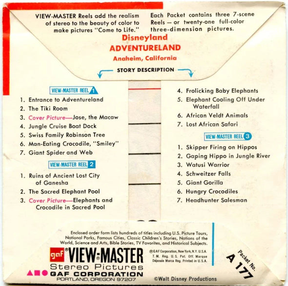Adventureland - View-Master 3 Reel Packet - 1960s views - vintage - (PKT-A177-G1E) Packet 3dstereo 