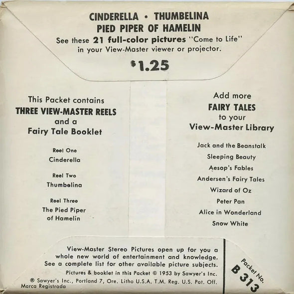 Cinderella, Thumbelina & Pied Piper - View-Master - 3 Reel Packet - 1960s - vintage - (B313-S5) Packet 3Dstereo 