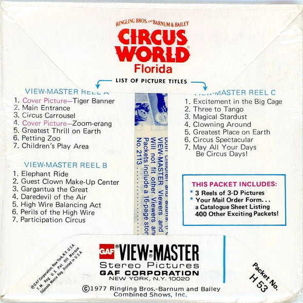 Circus World - View-Master 3 Reel Packet - 1970s Views - Vintage - (PKT-H53-G5mint) Packet 3dstereo 