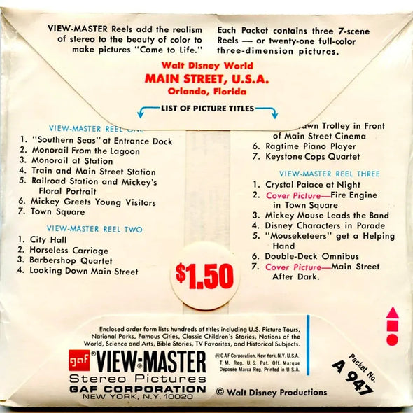 Main Street U.S.A. - View-Master 3 Reel Packet - 1970s views - vintage - (PKT-A947-G3m) Packet 3dstereo 