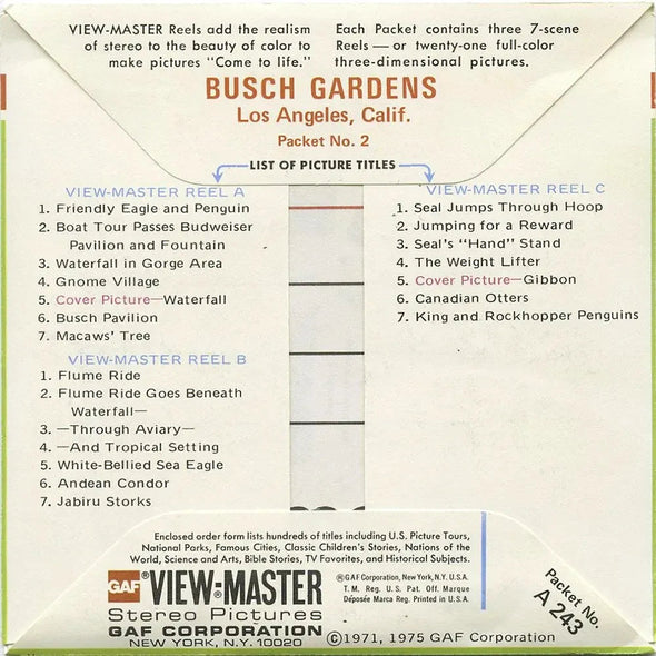 -ANDREW - Busch Gardens, Los Angeles CA - View-Master 3 Reel Packet - 1970's - vintage (A243-G4A) Packet 3dstereo 