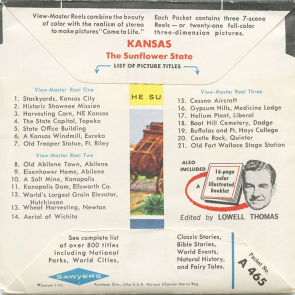 Kansas - State Tour Series - View-Master 3 Reel Map Packet - 1960s - vintage - A465-S6A Packet 3dstereo 