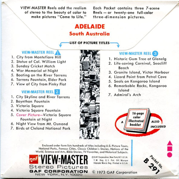Adelaide South Australia - View-Master 3 Reel Packet - 1970s Views - Vintage - (zur Kleinsmiede) - (B291-G3A) Packet 3dstereo 