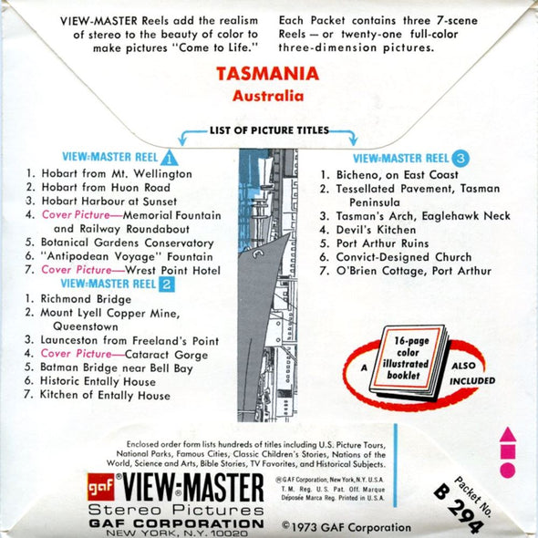 Tasmania Australia - View-Master 3 Reel Packet - 1970s Views - Vintage - (zur Kleinsmiede) - (B294-G3A) Packet 3dstereo 