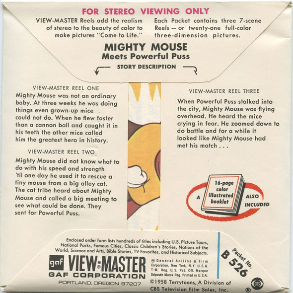 Mighty Mouse Meets Powerful Puss - View-Master 3 Reel Packet - 1960s - Vintage - (zur Kleinsmiede) - (B526-G1A) Packet 3dstereo 
