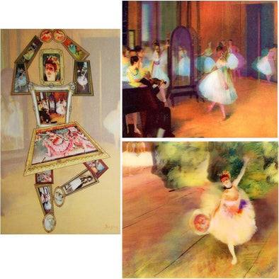 3 Edgar Degas Lenticular 3D Postcards - Dance Class (1870) & Ballerina with Bouquet and Ballerina Made up of his Art Work - NEW Postcard 3dstereo 