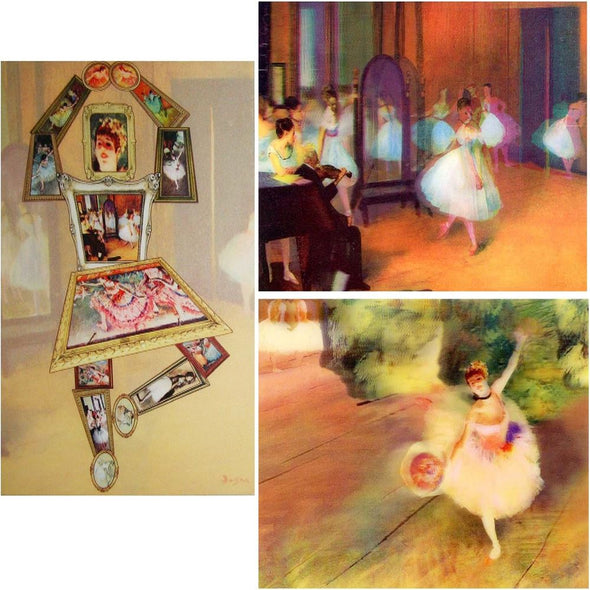 3 Edgar Degas Lenticular 3D Postcards - Dance Class (1870) & Ballerina with Bouquet and Ballerina Made up of his Art Work - NEW Postcard 3dstereo 