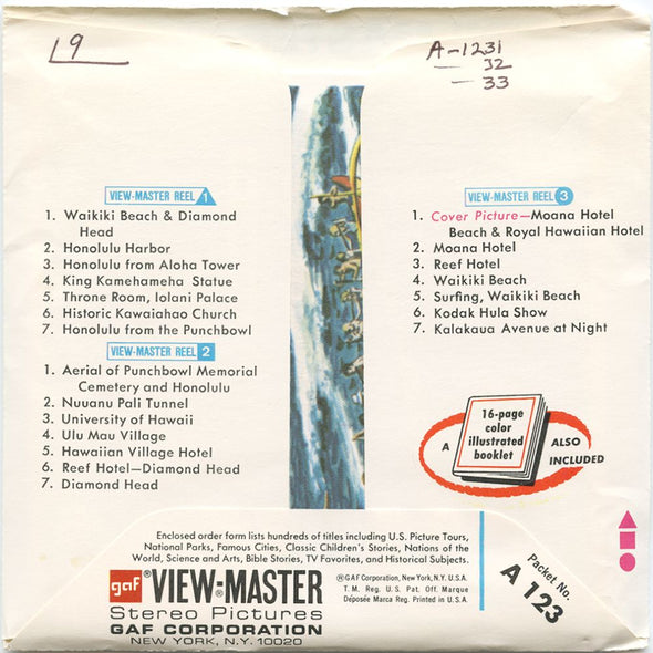 9 ANDREW - Honolulu and Waikiki - View-Master 3 Reel Economy Packet - vintage - A123-G3A Packet 3Dstereo 