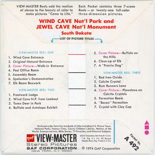 Wind Cave Nat'l Park and Jewel Cave Nat'l Monument - View-Master 3 Reel Packet - vintage - A492-G3B Packet 3dstereo 