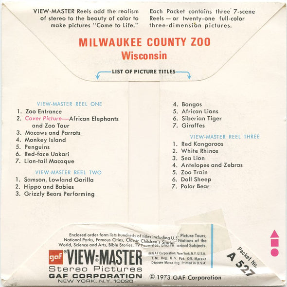 11 ANDREW - Milwaukee County Zoo - View-Master 3 Reel Economy Packet - vintage - A527-G3A Packet 3dstereo 