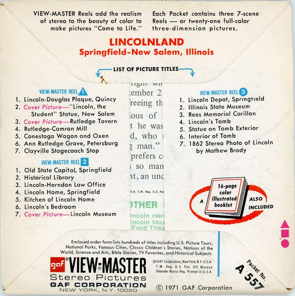Lincolnland - ViewMaster 3 Reel Packet - 1970s views - vintage 3Dstereo 