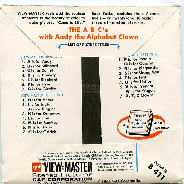 A-B-C- Circus - View-Master - 3 Reel Packet - Learning (PKT-B411-G3mint) Packet 3dstereo 