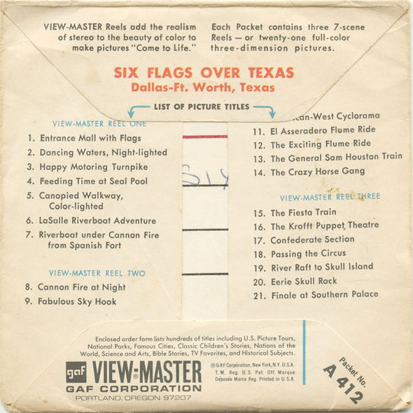 6 ANDREW - Six Flags Over Texas - View-Master 3 Reel Packet - vintage - A412-G1B Packet 3dstereo 