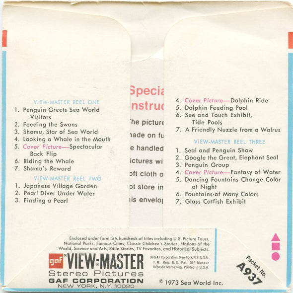 Sea World - Orlando, Florida - View-Master 3 Reel Packet - 1973 - vintage - A937-G3A Packet 3dstereo 