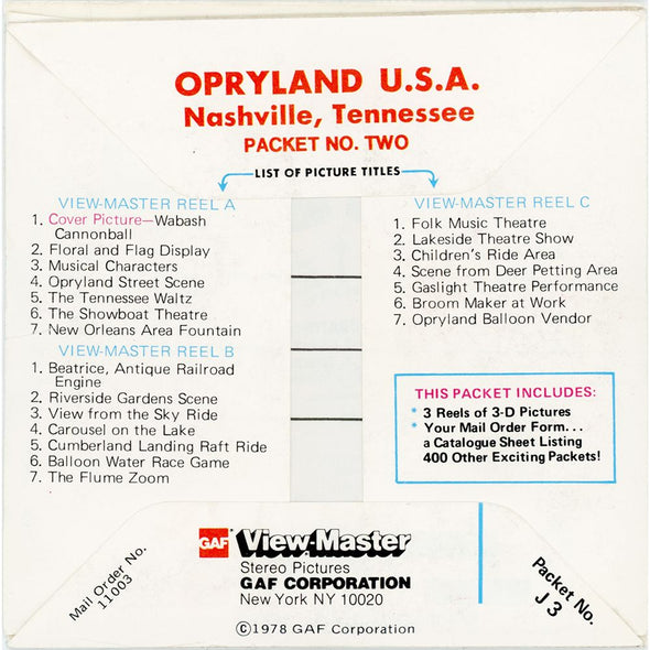 Opryland USA - Home of American Music - ViewMaster 3 Reel Packet - vintage - (ECO-J23-G6) Packet 3dstereo 