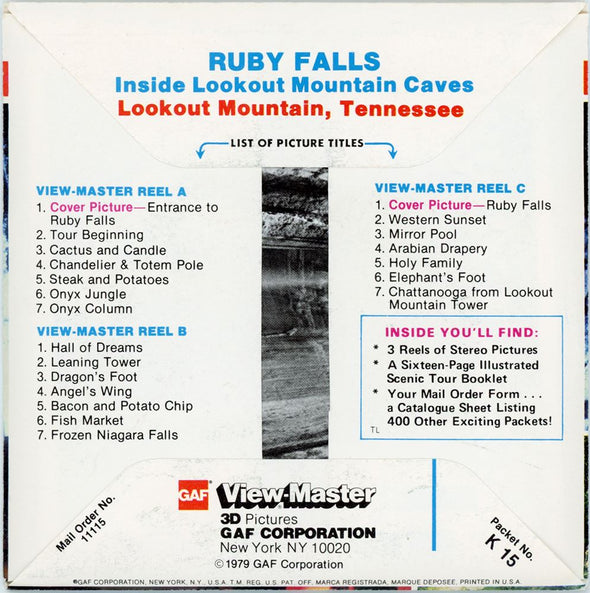 Ruby Falls Lookout Mountain - Tennessee - View-Master 3 Reel Packet - vintage - K15-G6 Packet 3dstereo 