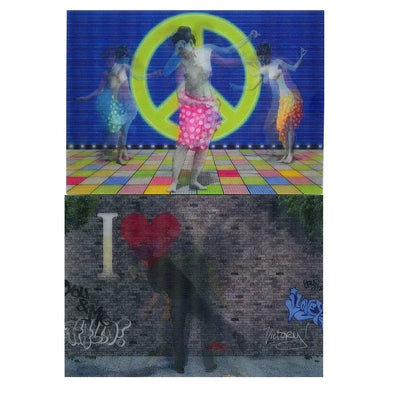 2- Postcards - I love You Graffiti - Nude Peace Sign Dancers - Motion Lenticular Postcards - NEW Postcard 3dstereo 