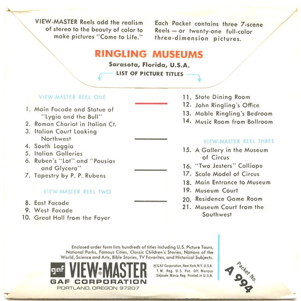 5 ANDREW - Ringling Museum - Sarasota - View-Master 3 Reel Packet - vintage - A994-G1A Packet 3dstereo 