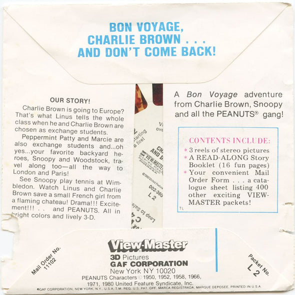 9 ANDREW - Bon Voyage Charlie Brown - View-Master 3 Reel Economy Packet - vintage - L2-V2 Packet 3Dstereo 