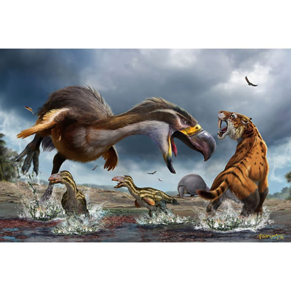 Terror Bird attacking Smilodon - 3D Lenticular Postcard Greeting Card - NEW Postcard 3dstereo 