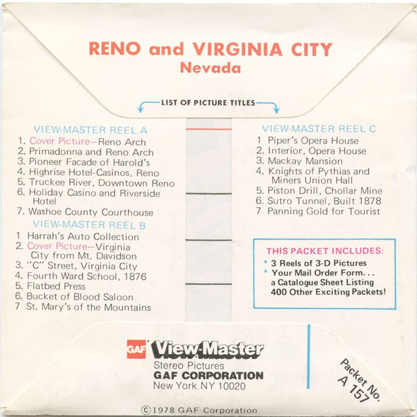 10 ANDREW - Reno and Virginia City - View-Master 3 Reel Packet - vintage - A157-G6 Packet 3dstereo 
