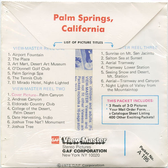 10 ANDREW - Palm Springs - View-Master 3 Reel Packet - vintage - A195-G6 - unopened Packet 3Dstereo 