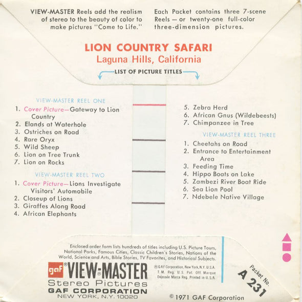 5 ANDREW - Lion Country Safari - View-Master 3 Reel Packet - vintage - A231-G3A Packet 3dstereo 