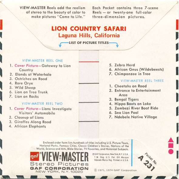 5 ANDREW - Lion Country Safari - California- View-Master 3 Reel Packet - vintage - A231-G3B Packet 3dstereo 