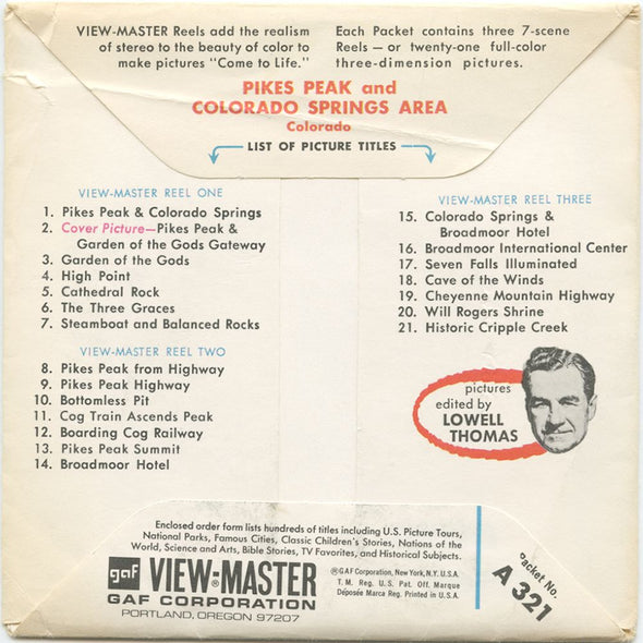 7 ANDREW - Pikes Peak and Colorado Springs Area - View-Master 3 Reel Packet - vintage - A321-G1A Packet 3dstereo 