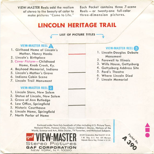 5 ANDREW - Lincoln Heritage Trail - View-Master 3 Reel Packet - vintage - A390-G3A Packet 3dstereo 
