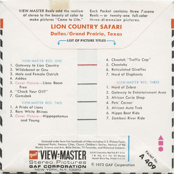 5 ANDREW - Lion Country Safari - Texas - View-Master 3 Reel Packet - 1973 - vintage - A409-G3A Packet 3dstereo 