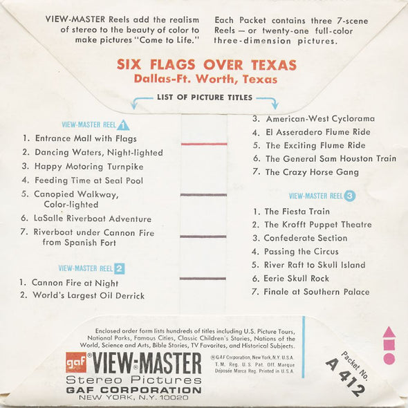 5 ANDREW - Six Flags - Texas - View-Master 3 Reel Packet - 1961 - vintage - A412-G3C Packet 3dstereo 