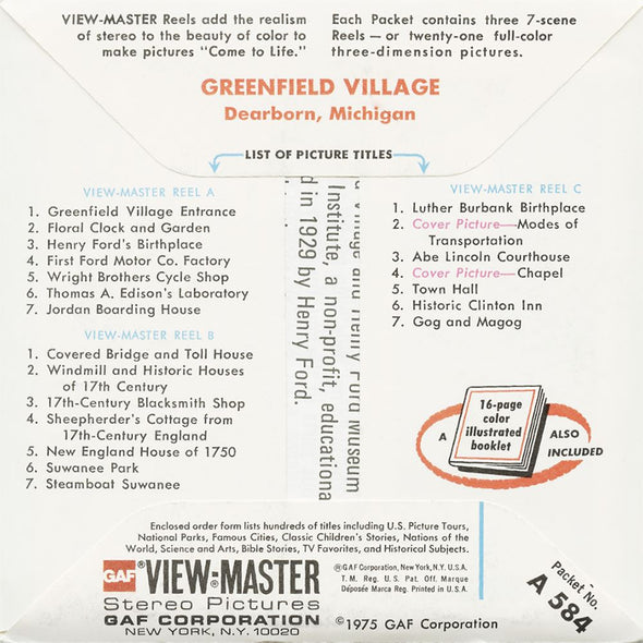5 ANDREW - Greenfield Village - View-Master 3 Reel Packet - 1975 - vintage - A584-G5C Packet 3dstereo 