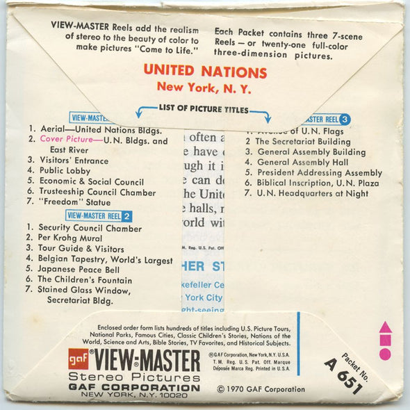 United Nations - View-Master 3 Reel Packet - 1970 - vintage -A651-G3 Packet 3dstereo 