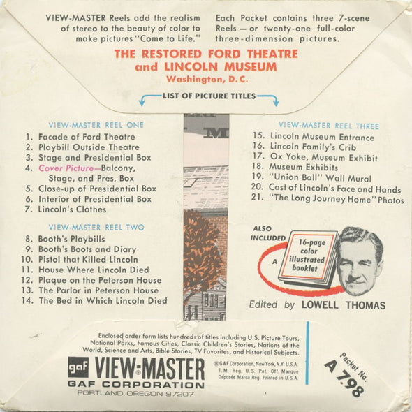 7 ANDREW - Restored Ford's Theatre and Lincoln Museum - View-Master 3 Reel Packet - vintage - A798-G1A Packet 3dstereo 