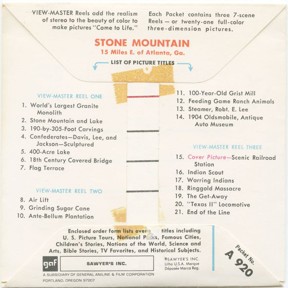 10 ANDREW - Stone Mountain - View-Master 3 Reel Economy Packet - vintage - A920-S6A Packet 3dstereo 