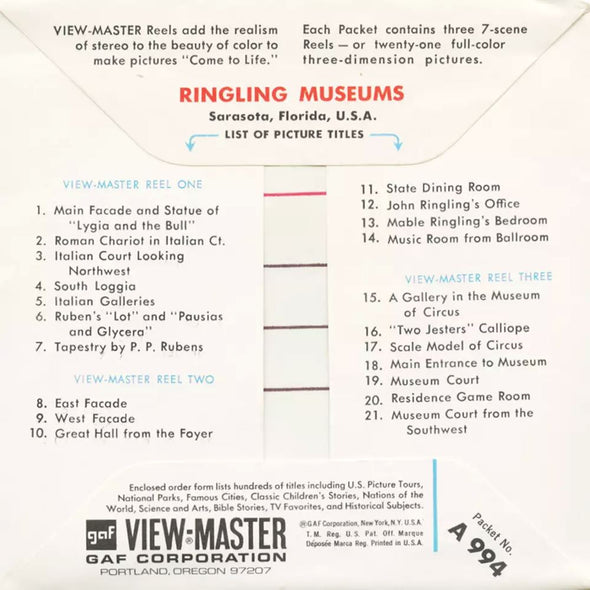 5 ANDREW - Ringling Museums Saratosa - View-Master 3 Reel Packet - vintage - A994-G1A Packet 3dstereo 