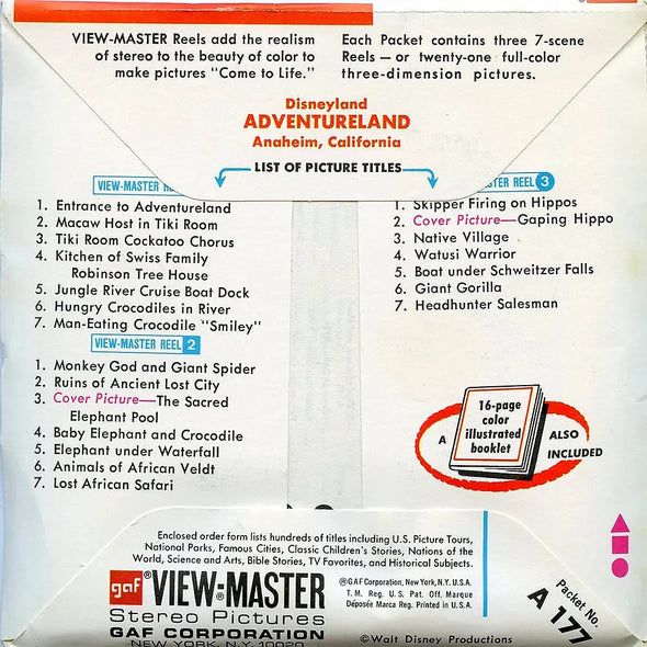 Adventureland- Disneyland - Vintage - View-Master - 3 Reel Packet - 1970s views- (ECO-A177-G3F) Packet 3dstereo 