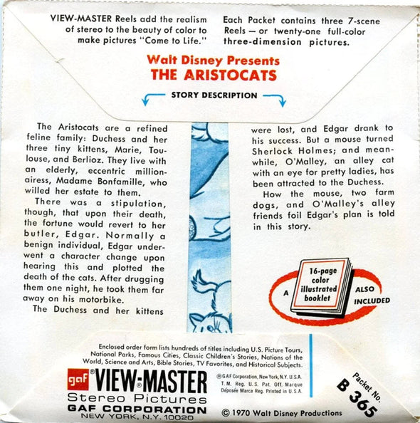 Aristocats - The Wonderful World of Disney - View-Master 3 Reel Packet - 1970s - Vintage - (PKT-B365-G3A) Packet 3Dstereo 