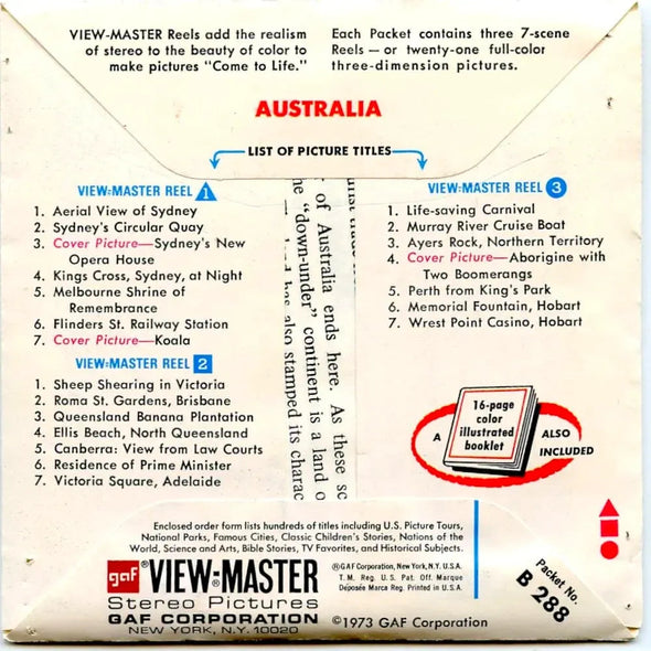 Australia - View-Master- Vintage - 3 Reel Packet - 1970s views ( ECO-B288-G3Bnk ) Packet 3dstereo 