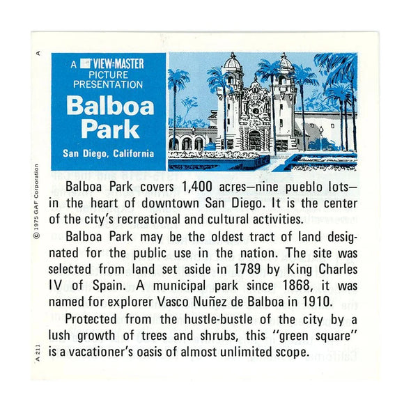 Balboa Park, San Diego - View-Master 3 Reel Packet - 1970s Views - Vintage - (PKT-A211-G3A)