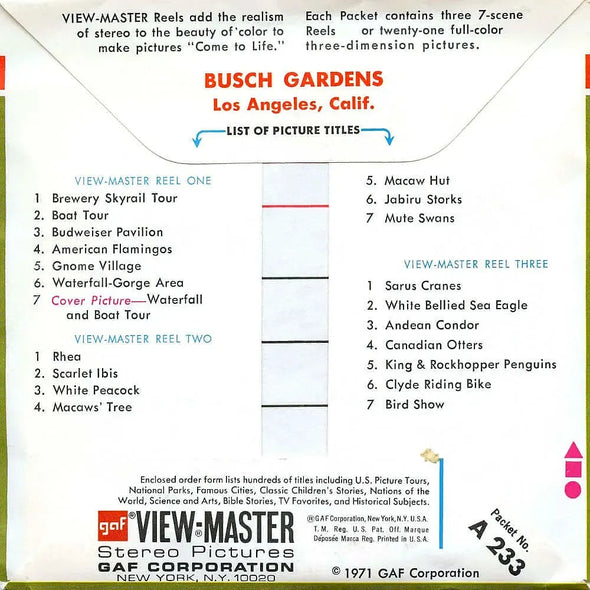 Busch Gardens, Los Angeles CA - View-Master 3 Reel Packet - 1970s views - vintage - (PKT-A233-G3Bm) Packet 3dstereo 