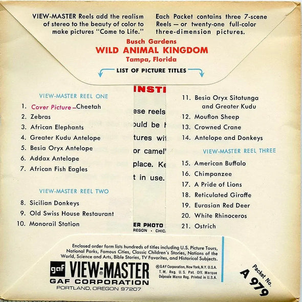 Busch Gardens - Wild Animal Kingdom -View-Master -3 Reel Packet - 1960s views- vintage - (PKT-A979-G1A) Packet 3dstereo 