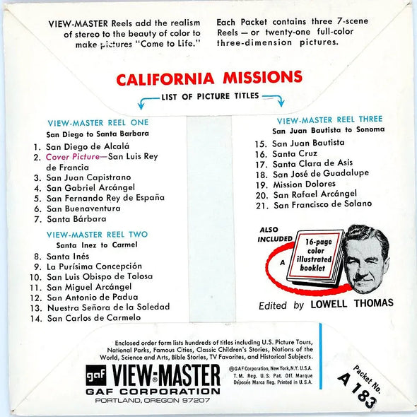 California Missions - View-Master 3 Reel Packet - 1960s views - vintage - (PKT-A183-G1B) Packet 3dstereo 