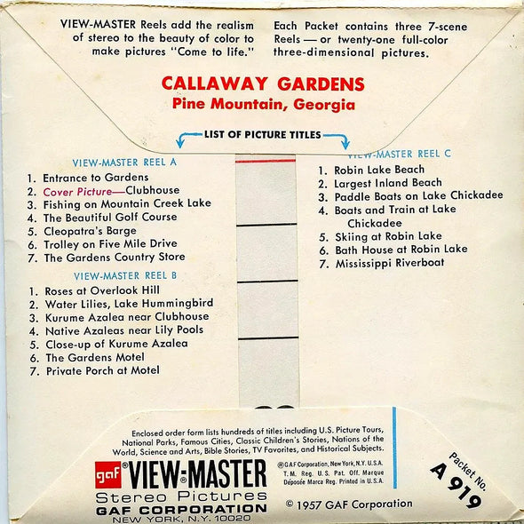 Callaway Gardens - Pine Mountain - View-Master 3 Reel Packet 1960s views - vintage - (PKT-A919-G3A) Packet 3dstereo 