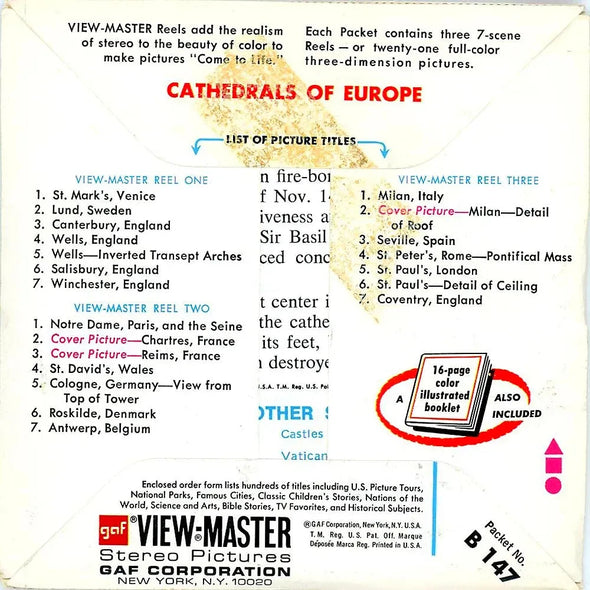 Cathedrals of Europe - View-Master 3 Reel Packet - 1970s Views - Vintage - (ECO-B147-G3A) 3Dstereo 