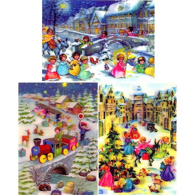 Christmas Angels Playing - 3 3D Postcard Lenticular Greeting Cards - NEW
