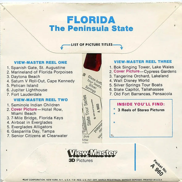 Florida - The peninsula State - View-Master 3 Reel Packet - 1970s views - vintage - (PKT-A960-V1nk) Packet 3dstereo 
