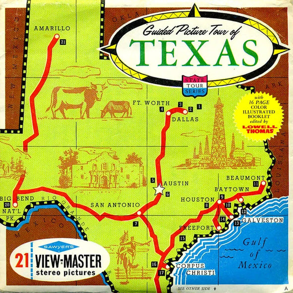 Guided Picture Tour of Texas - Map Series - View-Master 3 Reel Packet - 1960s views - vintage - (PKT-A410-S6Avar) Packet 3dstereo 
